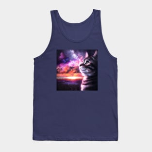 Tabby cat looking at nebula sky Tank Top